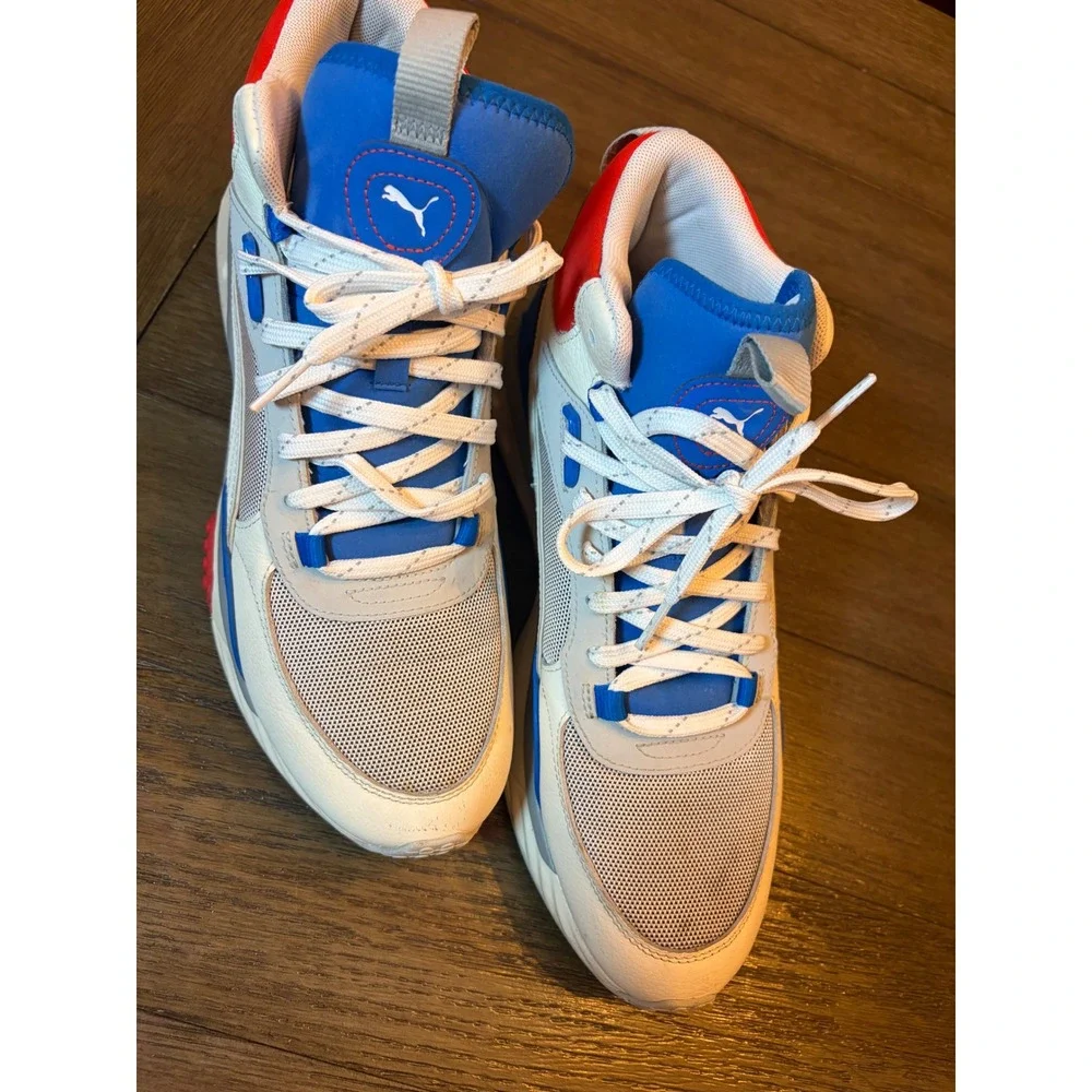 Puma Wild Rider Mid Mens White Blue Red Sneakers Sporty Colorblock Lifestyle